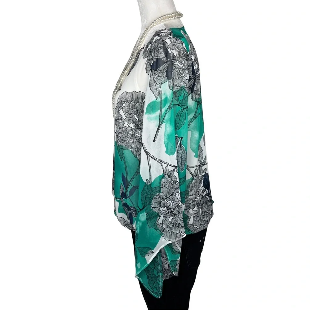 Alfani Floral Pullover Bubble Hem Top with Tank Angel Sleeves Green White Small - Picture 14 of 17